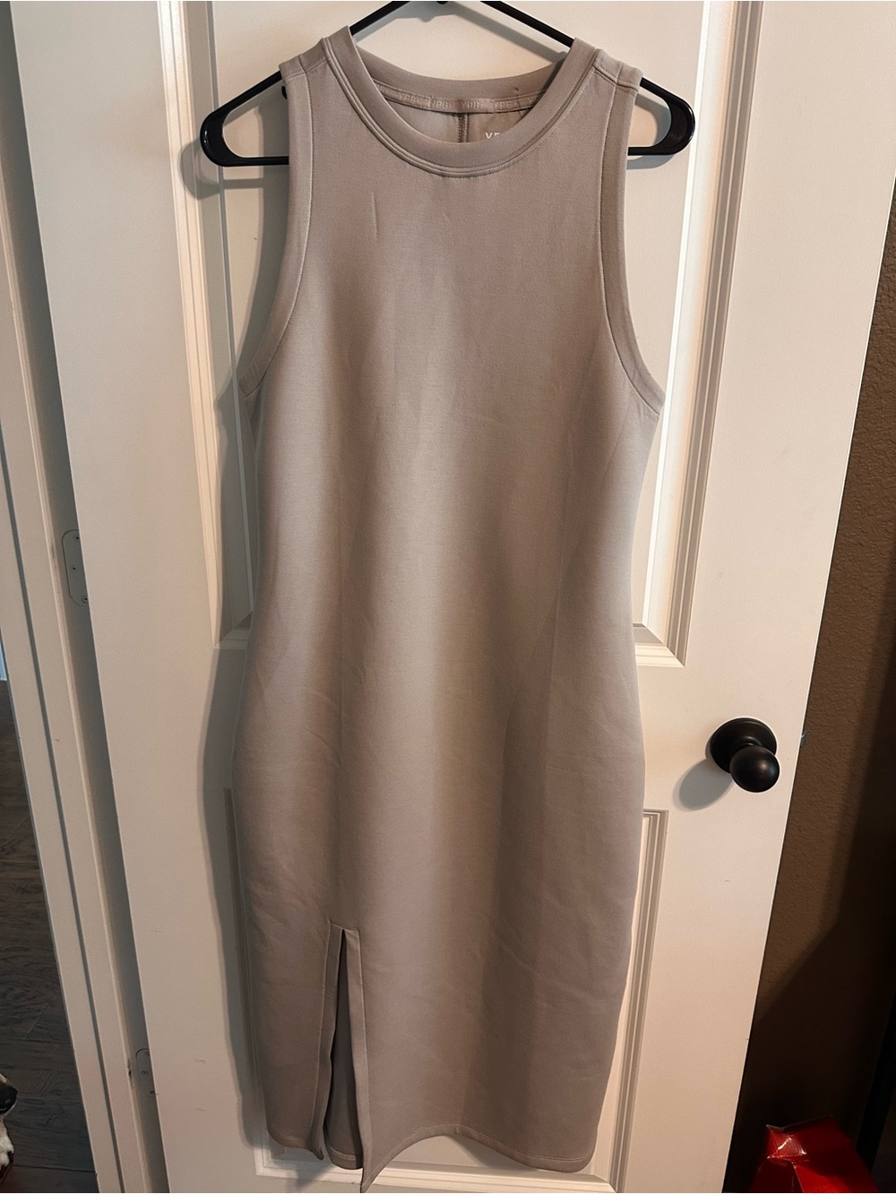 Sleeveless Taupe-Gray Midi Dress with Front Slit